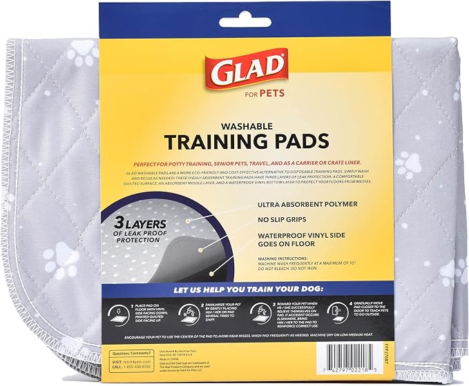 Glad for Pets Washable Dog Pee Pads, Small, 18 x 24 Inches, 2 Count, Gray with Paw Prints, 3-Layer Leak Protection, No-Slip Vinyl Bottom, Reusable Puppy Training Pads