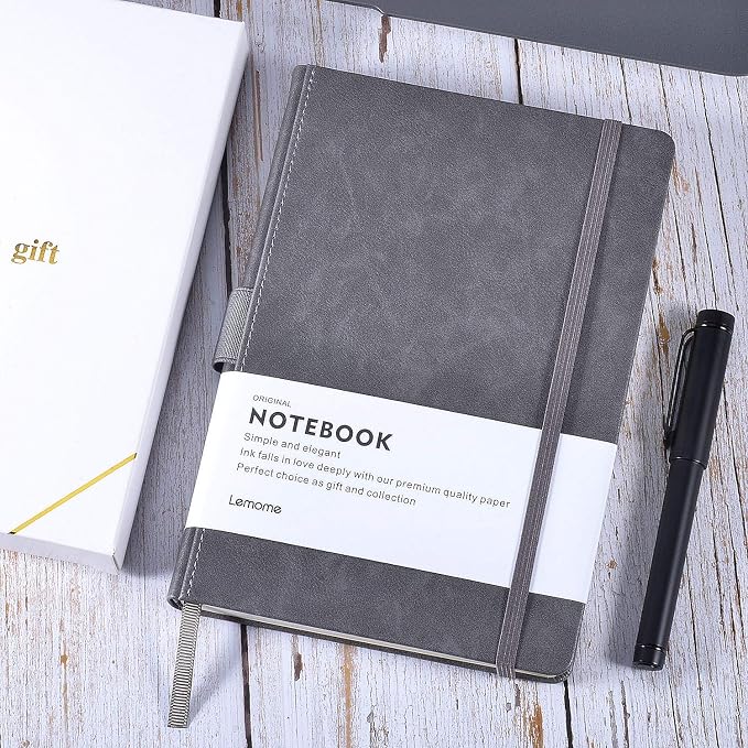 Lemome Thick Classic Notebook with Pen Loop - A5 College Ruled Hardcover Writing Notebook with Pocket + Page Dividers Gifts, Banded, Large, 180 Pages, 8.4 x 5.7 in