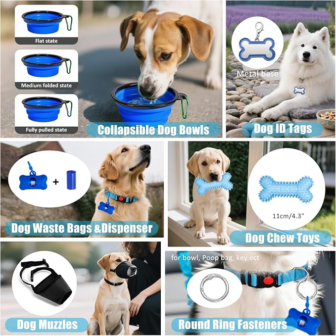 No Pull Dog Harness Adjustable Collar & Leash Set - Dog Halter Harnesses Collapsible Bowls & Poop Bag Dispenser Muzzle ID Tags Toys Fits Small Medium Large Dogs (Blue-S)