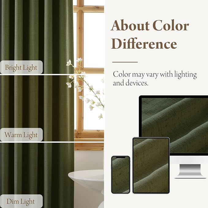 RYB HOME Linen Blackout Curtains 96 inches Long, 100% Blackout Noise Reducing Thermal Insulated Natural Textured Curtains for Farmhouse Dining Room, Olive Green, 40" W x L96 L, 2 Panels Set