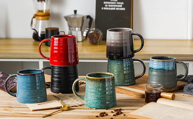 Large Ceramic Coffee Mugs, Handmade Pottery Mug, Tea Cups with Handle for Office and Home, 16 oz, Dishwasher and Microwave Safe (Frosted Black)