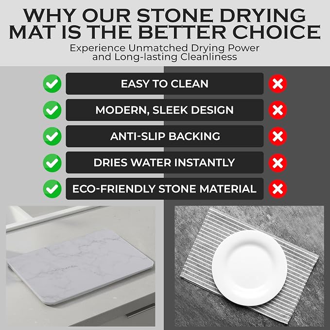 J.B Large Stone Drying Mat for Kitchen Counter - Quick Dry Stone Mat with Sink Caddy, Ultra Absorbent Dish Drying Stone for Kitchen Counter and Bathrooms, 16 x 12 Inch (Light Gray/White Marble Finish)