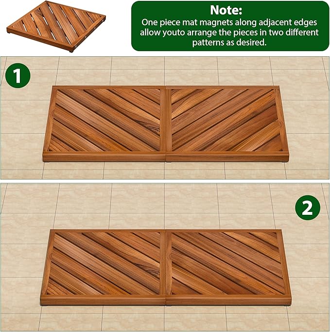 Teak Wood Bath Mat for Bathroom - (33" x 16.5") Anti Slip Square Shower Mat Wooden Floor Mats for Outside Inside Shower Bathtub Luxury Spa Home or Outdoor