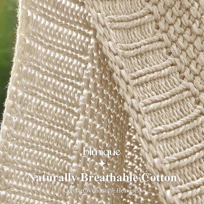 100% Cotton Cable Knit Throw Blanket, Large Lightweight Soft Knit Blanket for Sofa Couch Bed, Breathable All-Season Throw, Cozy Decorative Blanket, 60 x 80 Inch,Linen