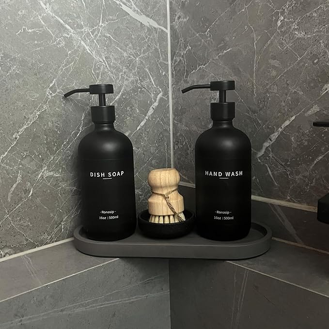 Ronasip Set of 5 Kitchen Soap Dispenser Set 16 Oz Glass Hand Dish Soap Dispenser with Stainless Steel Pump, Cement Tray, Dish Scrub Brush for Farmhouse Rustic Home Bathroom Decor (Black)