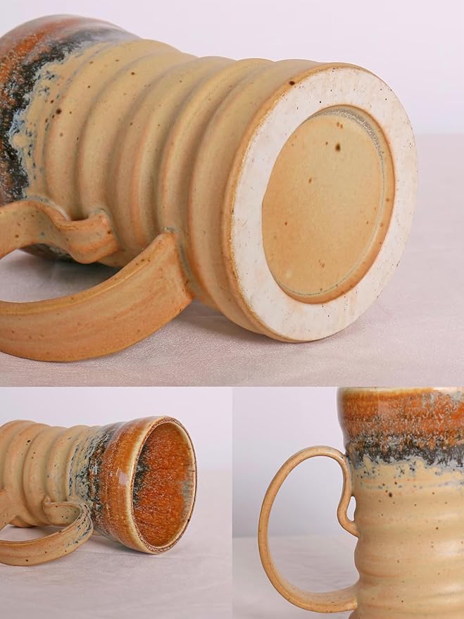 17oz Large Unique Cool Tall Handmade Ceramic Coffee Mug with Comfortable Big handle, Big Pottery Tea Mug, Artisanal Stoneware Coffee cup, Rustic Lead-free Tea Cups, Microwave safe,Biege and Brown