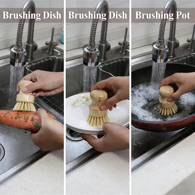 Bamboo Dish Scrub Brush with Bamboo Pan Scraper, Sisal Round Brush, Kitchen Cleaning Tools for Kitchen Pots, Bowls, Plates, Cutting Boards and Vegetables Cleaning Without Scratching