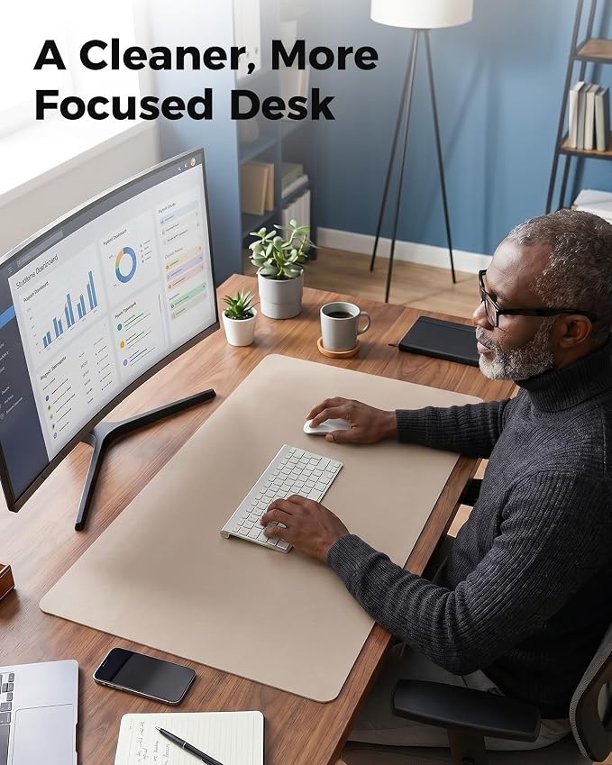 Aothia Dual-Sided Desk Mat, FSC Cork & PU Leather Desk Pad, Large Mouse Pad & Writing Surface for Daily Workspace Setup, Non-Slip Waterproof Desk Protector - 35.4" x 15.7", Cream