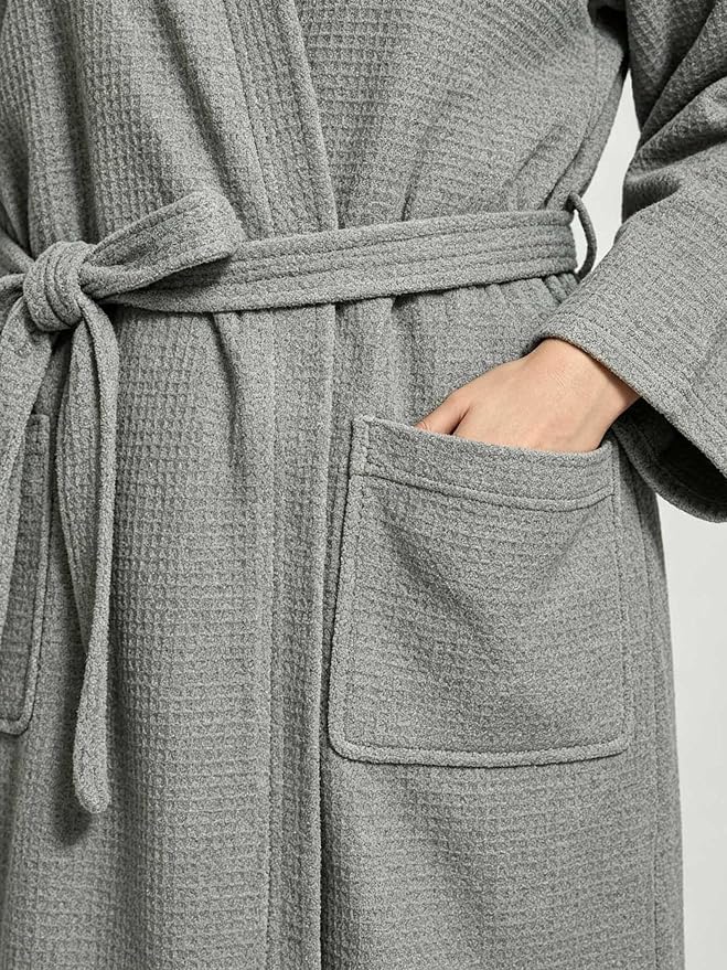 Waffle Robes for Women Knit Cotton Soft Spa Bathrobe | Lightweight Loungewear, Knee Length with Pockets, V Neck, Kimono, Absorbent, Breathable, Removable Belt