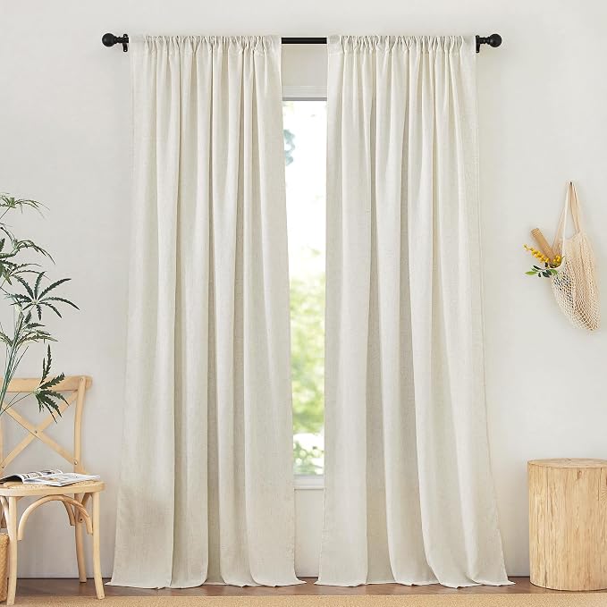 NICETOWN Thick Linen Curtains for Living Room 2 Panels Set, Back Tab/Rod Pocket with Pleat Tape Privacy Added with Light Filtering Window Treatments for Farmhouse/Bedroom, Natural, W52 x L84