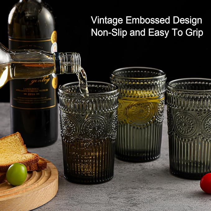 ZMOWIPDL Vintage Glassware Drinking Glasses Set of 6,13 oz Grey Textured Flower Design Glass Water Tumblers,Embossed Striped Drinkware for Water,Cocktails,Juice,Iced Coffee