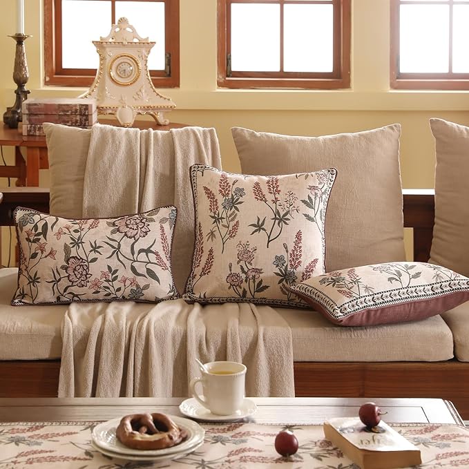 ISAENNE Design Linen Vintage Throw Pillow Covers 12"x20" Pack of 2, Rectangle Cushion Covers with Blue Pink Flowers Green Leaves Pattern Decoration Pillowcases for Bed,Living Room,Outdoor,Car