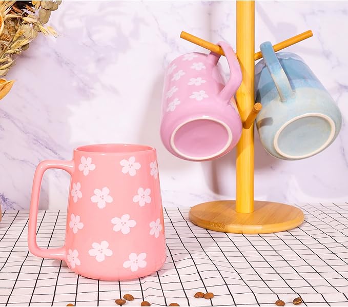 24oz Large Ceramic Coffee Mug with Big Handle, Handmade Kiln Glazed Large Coffee Mug Tea cup, Novelty Mug,Unique Uneven Surface for Office and Home,Microwave and Dishwasher Safe (Pink)