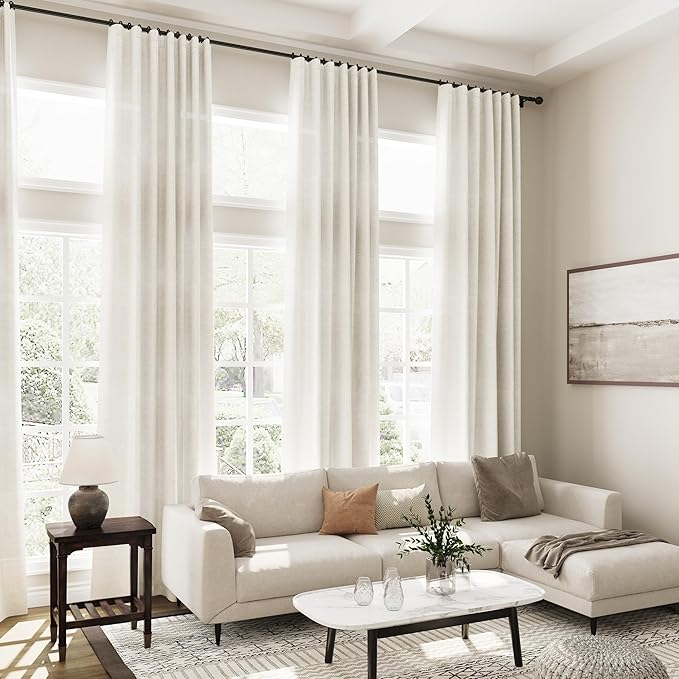 Linen Cream Curtains 113 Inch Extra Long for Living Room Back Tab Light Filtering Semi Sheer Drapes Modern Farmhouse Coastal Decor Cotton Textured Curtain for Floor to Ceiling Window 52x113
