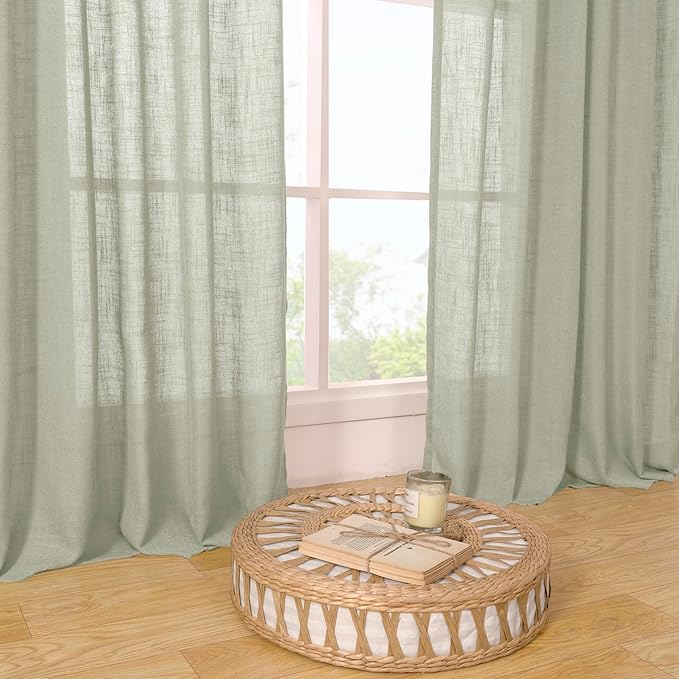 LAMIT Sage Grey Sheer Linen Curtains 63 Inch for Bedroom, Light Filtering Neutral Semi Sheer Farmhouse Boho Curtains Back Tab and Rod Pocket Living Room Panels, 2 Panels, 52 x 63 Inch