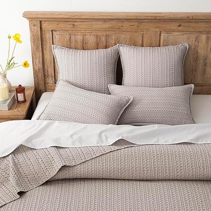 Foindtower Set of 2 Decorative Cotton Waffle Weave Throw Pillow Covers Euro Shams Cushion Covers Accent European Pillowcase for Bed Couch Sofa Bedroom Living Room Home Decor 24×24 Inch Tan Beige