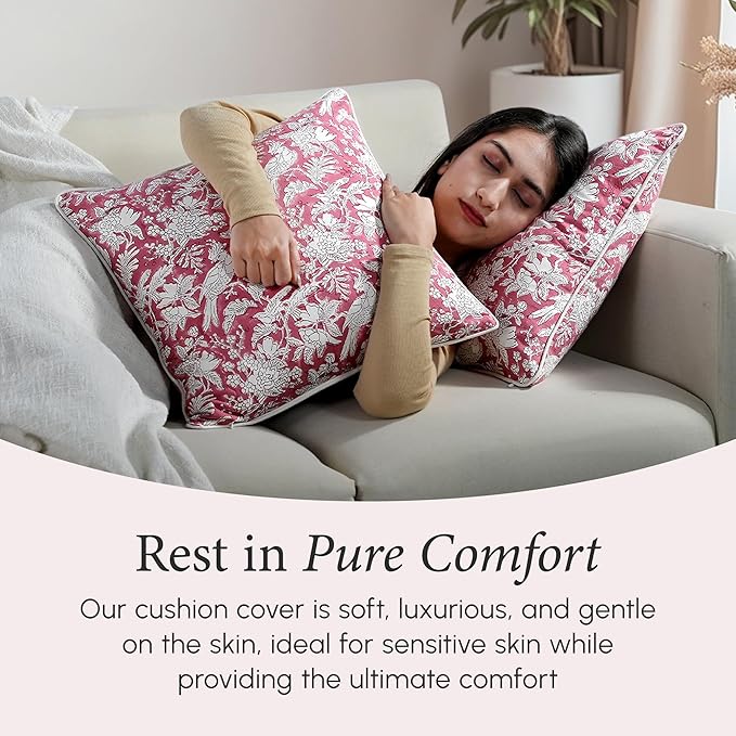 CPC 100% Cotton Throw Pillow Covers 18x18 Inch, Set of 2 Pink Block Print Pattern Couch Pillow, Cute Boho Decorative Pillows for Living Room, Bedroom with Hidden Zipper- Pink Coral