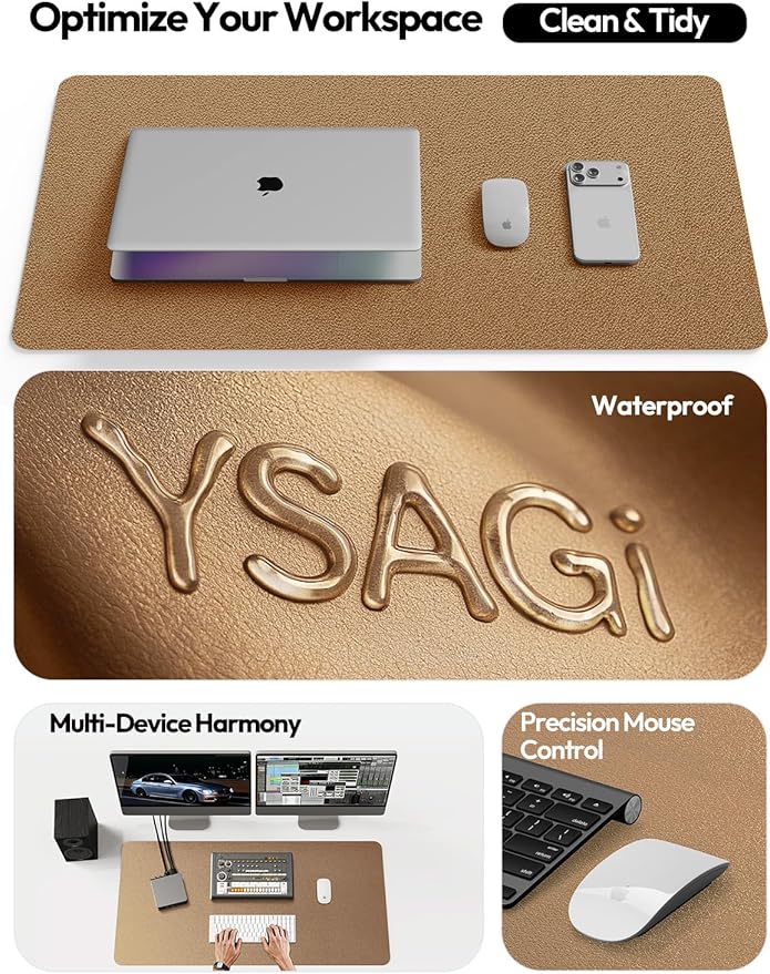 YSAGi Leather Desk Protector, Office Mat, Large Mouse Mat, Non-Slip PU Leather Blotter, Laptop Pad, Waterproof Writing Pad for Office and Home (Shiny Bronze, 31.5" x 15.8")