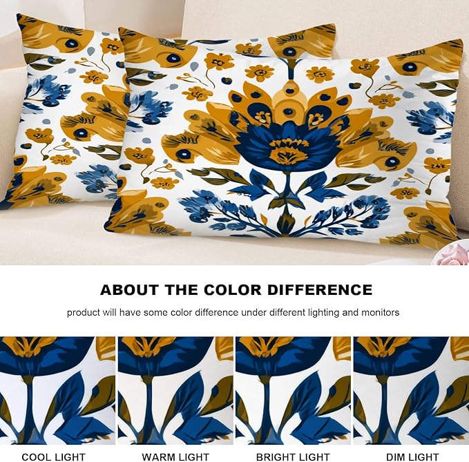 Shrahala Folk Art Floral Motifs Decorative Throw Pillow Cover, Blue Yellow Floral Pattern Lumbar Pillowcase Blended Double-Sided No Inserts for Bedroom Living Room Set of 2 (12 x 20 in)