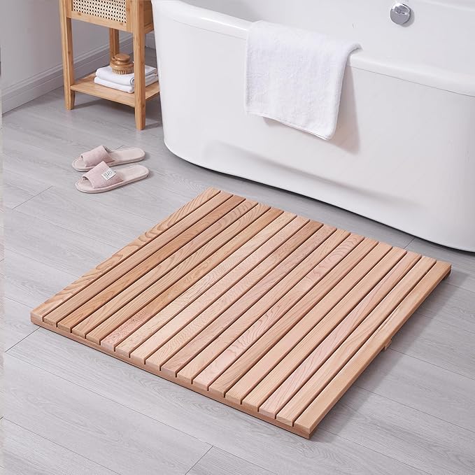 bingaai Cedar Wood Shower Mat 36" × 36" Square, Cedar Wooden Bath Mats, Wood Bath Mat for Inside or Outside Shower, Cedar Sauna Floor Mat Large,Non-Slip Shower Platform