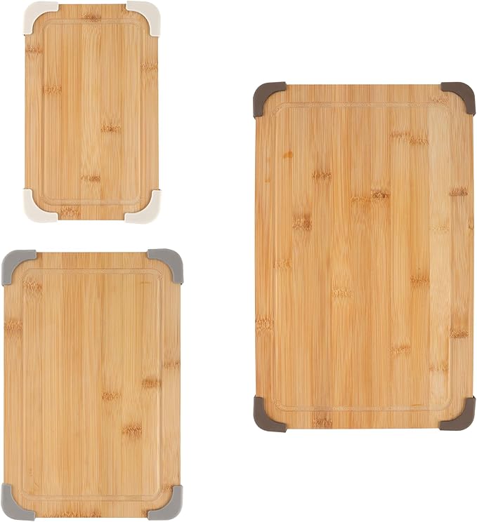 COOK WITH COLOR Non-Slip Cutting Board Set – Kitchen Essentials with Easy Grip Handle for Meat, Veggies, and Fruits, 3 Cutting Boards, Bamboo Non-Slip Brown