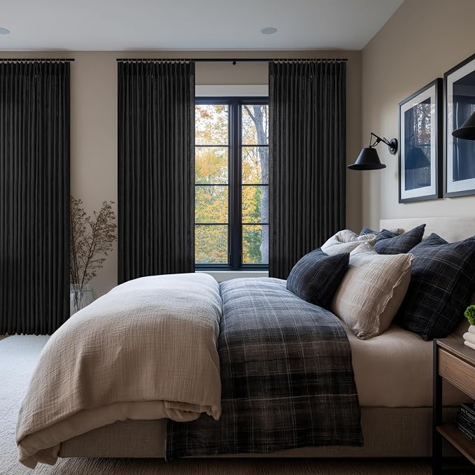 Black Linen Pinch Pleated Curtains 108 Inches Long 2 Panels for Living Room Bedroom Light Filtering Linen Drapes 108 Inch Length Back Tab Semi Sheer Memory Shape Trained Ceiling to Floor Curtain 9Ft