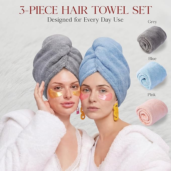 3 Pack Large Microfiber Hair Towel Wrap for Women 30 x 10 in | Hair Drying Towel with Button | Hair Turban Towel Quick Dry Waffle Coral Fleece Head Towels (Pink + Blue + Grey)