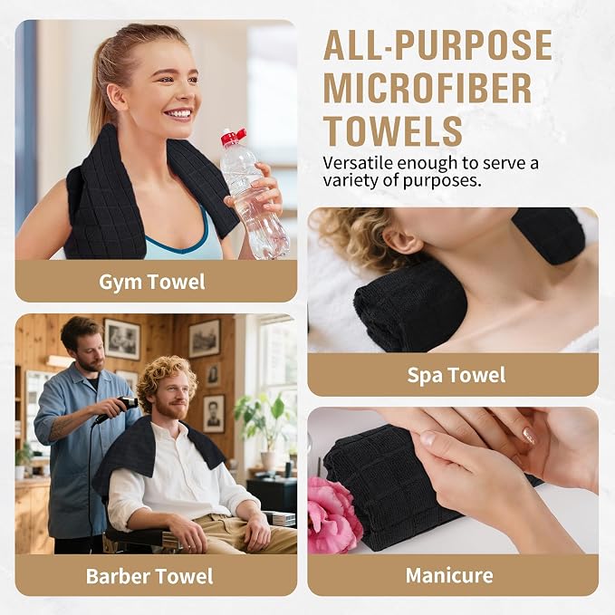 Salon Towels, 12 Pack Black Hand Towels for Bathroom, 16 by 27 Inches Bulk Quick Dry Absorbent Microfiber Hair Towel, Bathroom Towels for Gym Spa Barber Pedicure Makeup & Beauty