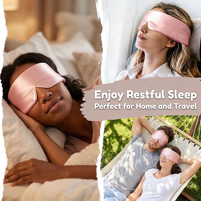 Mulberry Silk Sleep Mask for Women, 100% Blackout Eye Mask for Sleeping, Full Wrap Eye Cover with Adjustable Fit, Soft on Skin and Hair, 22 Momme Pink
