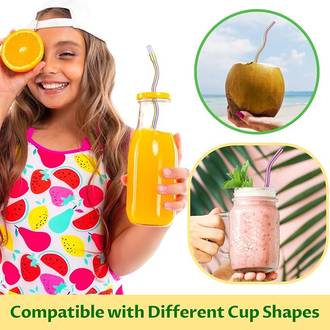NiHome 6-Pack Wavy Iridescent Stainless Steel Straws with Silicone Tips, Bases & 2 Cleaning Brushes, 3 Sizes 9.25", 10.24" & 12.2", Reusable Metal Straws Fit for Stanley 30oz/40oz Tumblers, Cups
