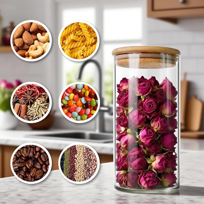 600ml/20.29Oz Clear Airtight Food Storage Jars with Bamboo Lids - Overnight Oats Jars - Spice Storage Containers Jars - Kitchen Storage Canisters for Salt,Sugar,Coffee,Tea,Nuts,Cookies