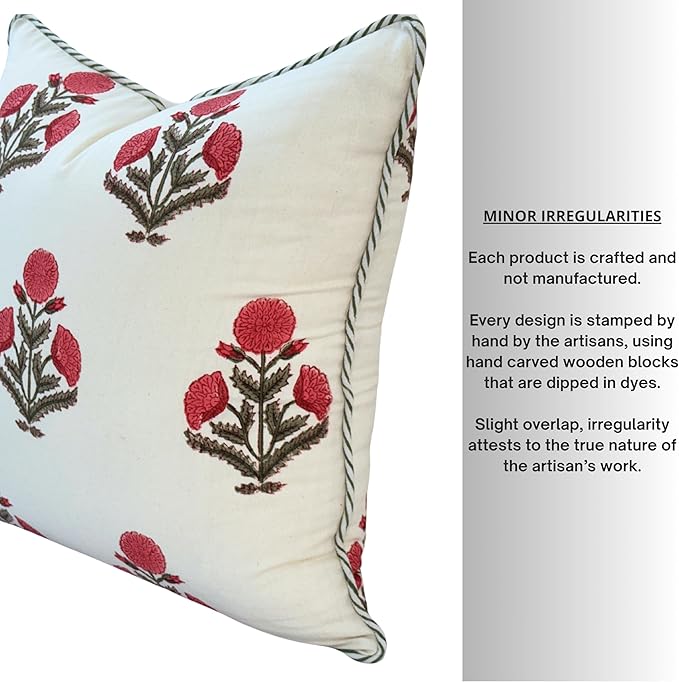 ATOSII Block Print Boho Throw Pillow Covers, 20 X 20, Set of 2, Decorative Couch Pillows for Living Room, 100% Cotton Canvas Acccent Pillows, Christmas Thanksgiving Fall Preppy Throws - Poppy