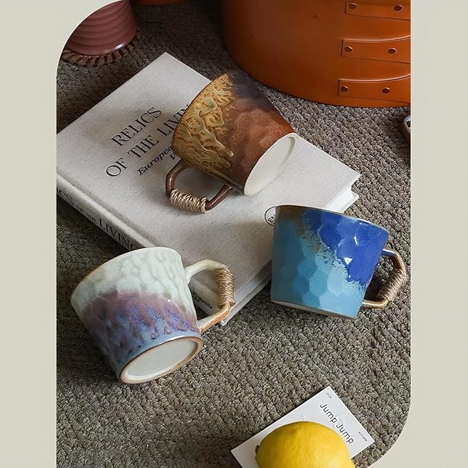 10oz Retro Vintage Japanese Style Handmade Ceramic Tea Cup with Handle, Lead-Free Reactive Glaze Artisanal Coffee Mug, Comfortable handle Handmade Pottery Tea Mug for office and home,Blue