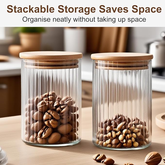 Glass Storage Jars with Lids - Clear Glass Overnight Oats Jar - Tea Coffee Sugar Canisters - Round Food Storage Containers with Bamboo Lids - Stackable Spice Jars