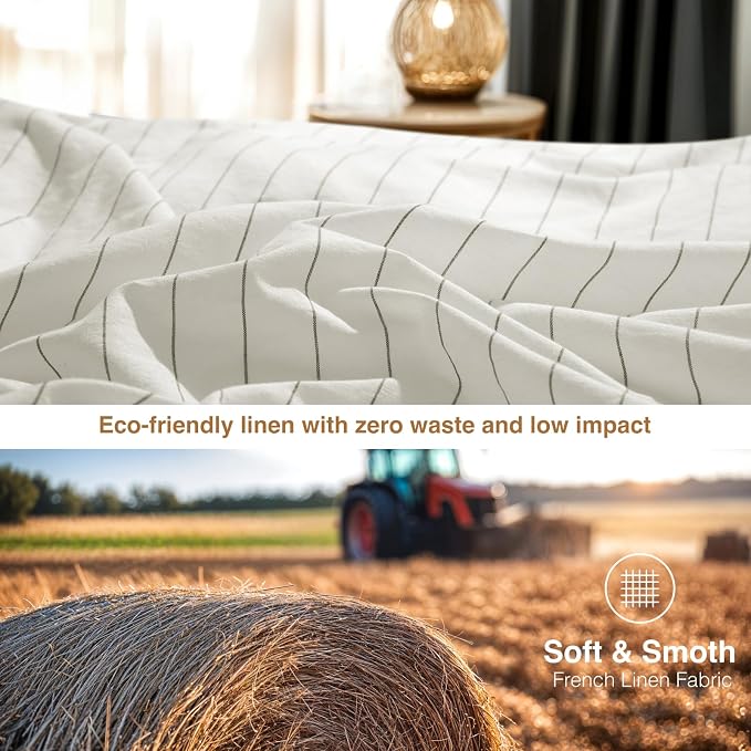 SONORO KATE 100% French Linen Duvet Cover Queen Size, Soft Breathable for Hot Sleepers, Moisture Wicking & Durable Cover Set - Zipper Closure & 4 Corner Ties - 3 PC (White & Dark Grey Stripes)