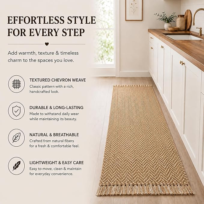 Chevron Weave with Fringes Woven Runner Rug 2x6 Feet - Beige, Boho Farmhouse Polyester Fibre Area Runners for Hallways, Kitchen, Living Room | Brown Reversible Corridor Space Large Floor Décor Mat