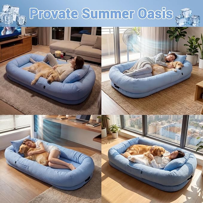 WROS Cooling Human Dog Bed for Summer, Breathable Washable Floor Lounger for People & Pets, 57'' x 35'' x 10'', Ocean Blue, Pet Bed for Hot Weather Relaxing