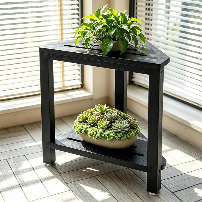 IBosins Corner Shower Stool with Storage Shelf Shower Foot Rest for Shaving Legs Small Bench for Inside Shower to Sit on Bath Seat - Acacia Wood, Black,16in