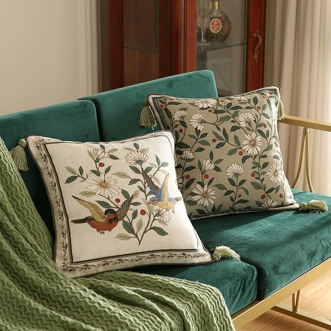 ISAENNE Design Square Bird Floral Linen Throw Pillow Covers 18"x18" Pack of 2, White Simple Elegant Daisy Pattern Cushion Covers Decor Pillowcases for Bed,Living Room,Outdoor,Car