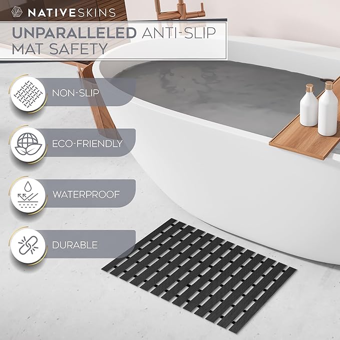 NativeSkins Faux Bamboo Shower Mat (Black), Non-Slip Safety Lining, Waterproof, Quick-Drying, Eco-Style Slatted Bath Mat for Spa, Sauna - Large 16.9 x 30.7 in