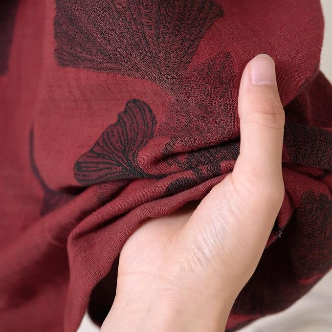 100% Cotton Gauze Ginkgo Leaf Kimono Robe, Long Knit Loose Bathrobe Nightgown Ladies Loungewear Sleepwear for Women