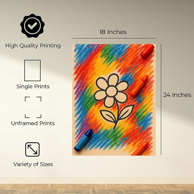 InkFlow Posters Rainbow Flower Crayon Poster - Fun Graphic Print for Kids Bedroom, Playroom, Nursery - Creative Motivational Decor - 18x24 Unframed Canvas Print