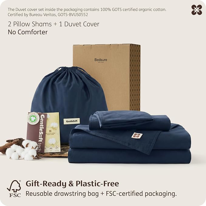 Bedsure GOTS Organic Cotton King Duvet Cover Set, Navy Blue, 104" x 90" | for Sensitive Skin—8 Interior Ties Keep Insert Secure, Hidden Zipper, Breathable Comfort in Ivory with 2 Pillow Shams