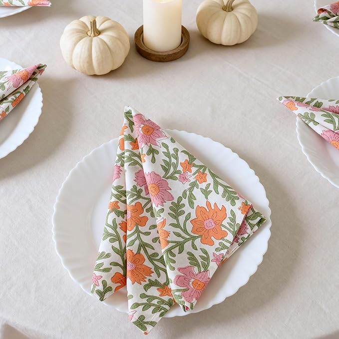 Floral Cloth Napkins Set of 12, 100% Cotton Reusable Dinner Napkins, Block Print Inspired, 18 x 18 Inch Table & Kitchen Napkins for Everyday Dining & Entertaining, Cream Floral