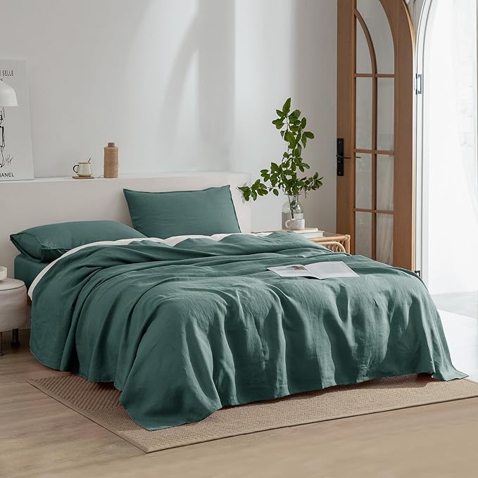EVERLY Linen Sheets King Size,100% Stonewashed Pure French Linen Sheets 16Inch Deep Pocket Sheets,3Pieces (1Flat Sheet,1Fitted Sheet,2Pillowcase) Natural Flax Soft and Breathable For Hot Sleepers-Aqua