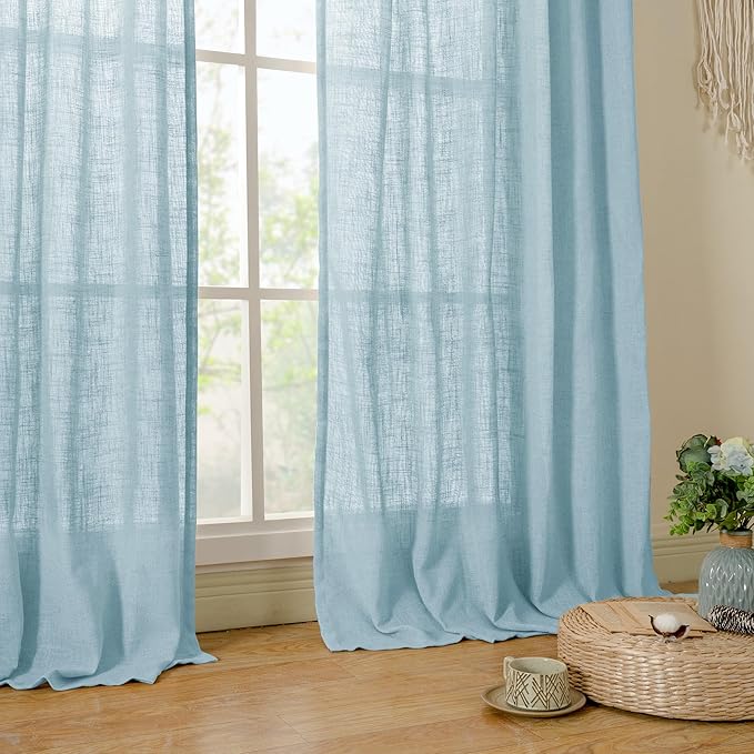 LAMIT Stone Blue Linen Curtains 45 Inch Length 2 Panels, Light Filtering Panels Back Tab and Rod Pocket Country Decor Drapes for Kitchen/Window/Loft Room/Bedroom, 34 x 45 Inch