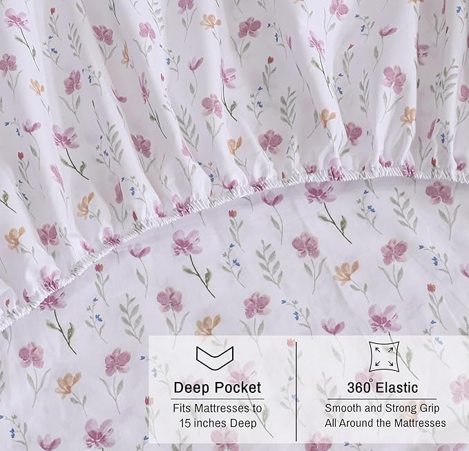 RUVANTI 100% Cotton Organic Percale Sheets Queen Size – Crisp Cooling Bed Sheets for Hot Sleepers, Deep Pocket 15”, Soft Peach Finish, Breathable & Durable Hotel-Style 4 Pcs, Obsessed Stems