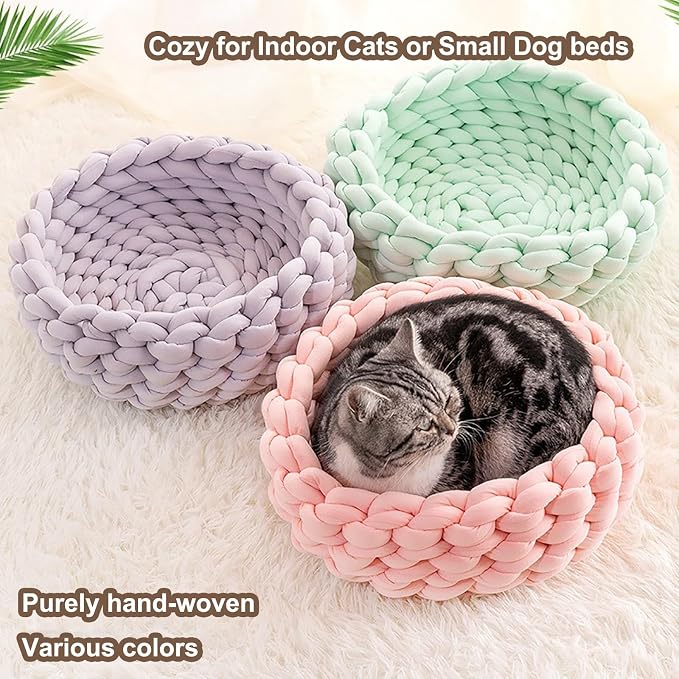 Woven Dog Bed Basket, Knitted Cotton Cat Bed Round Washable Woven Cat Pet Bed Chunky Dog Basket, Orthopedic, Chunky Knit Dog Nest,Dog Bed,Dog Cave,Dog Bedding(Green 3,17")