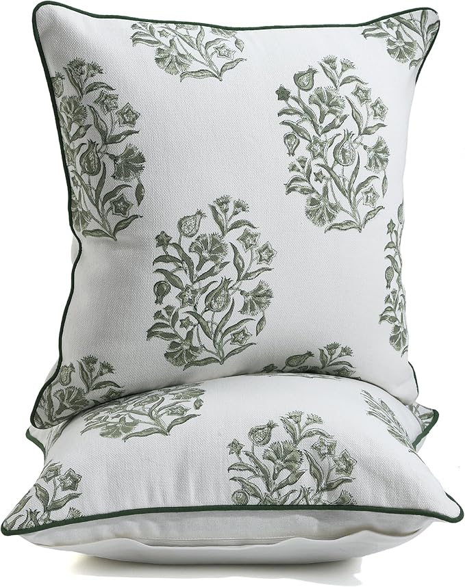 CPC Sage Green Block Print Throw Cushion Cover 20 x 20 Inch Set 2 - Decorative Boho Floral Pillow Case for Living Room, Bed, Sofa, Couch, Home Decor Cushion Cover Gift for Spring, Mother's Day