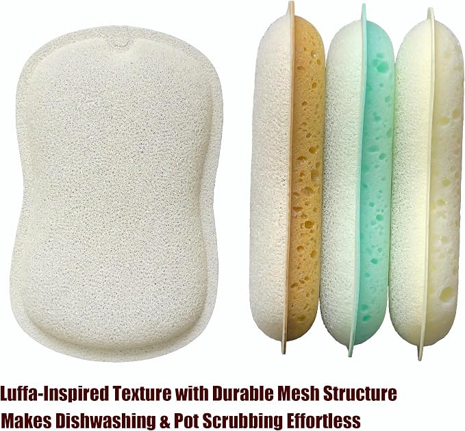 Natural Bamboo Dish Brush Set, 1 Long & 1 Short Handle Sisal Brushes with 4 Loofah Sponges, Non-Scratch Cleaning Brushes for Dishes, Pots, Cups, Vegetables & Sinks